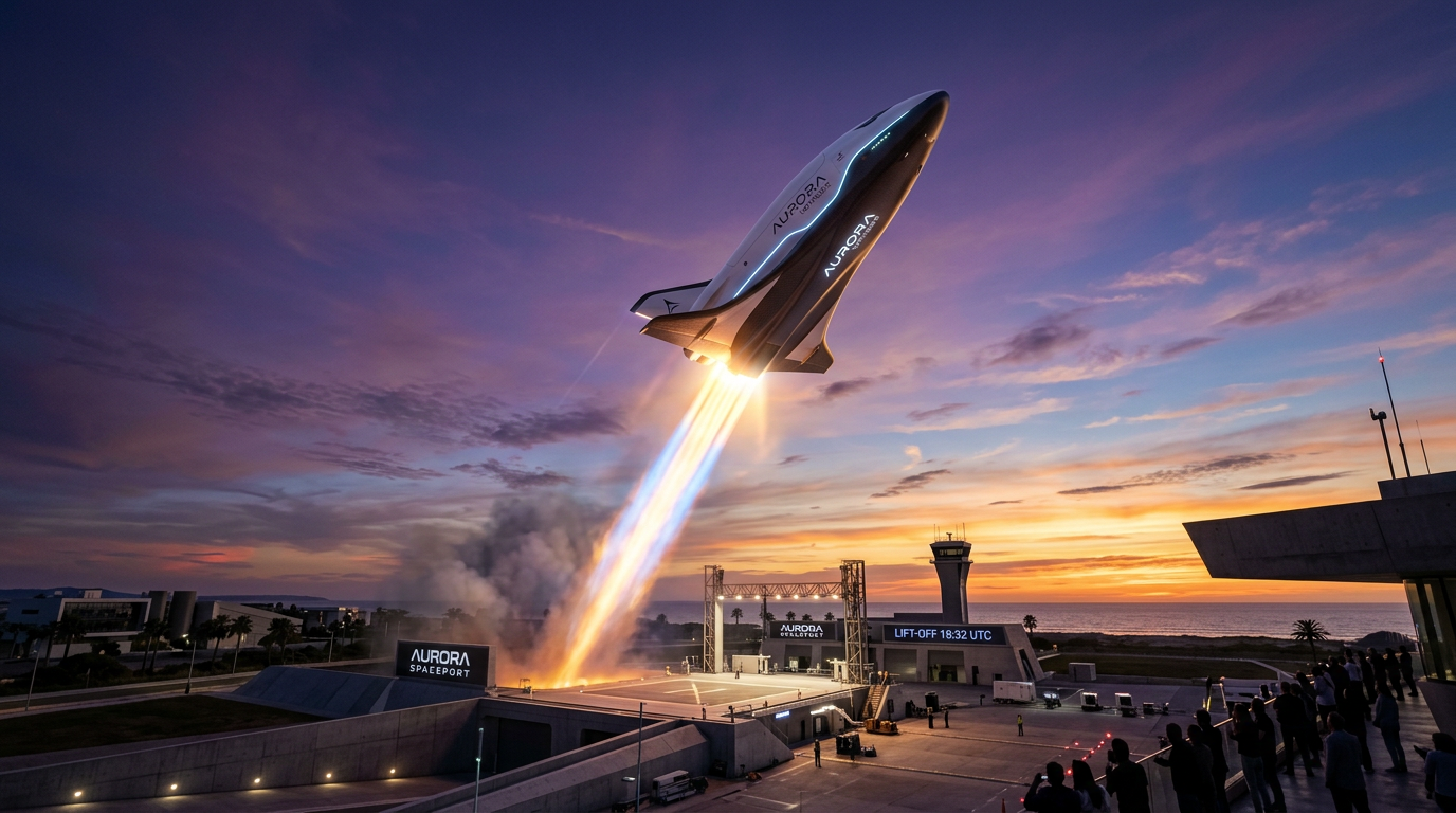 Futuristic spacecraft launching from a private spaceport at dusk